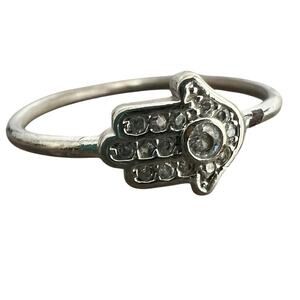 Rhinestone studded silver tone Hamsa hand ring - size 7